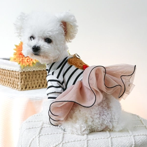 Detail of pink mesh pet wedding dress with bear ornament on Bichon Frise puppy