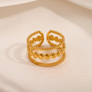 Three-layer vintage 18K gold plated stainless steel open ring with beaded line design