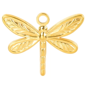 Detail shot of a golden stainless steel dragonfly pendant with polished metallic luster