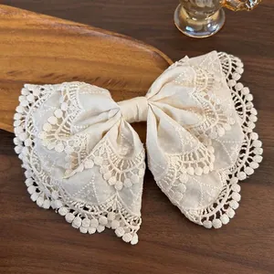 Large Bowknot Hair Clip Vintage Lace Embroidery Cotton Scalloped Edge Spring Barrette For Women Girls Elegant