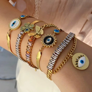 Evil Eye Butterfly Four Leaf Clover Stainless Steel Bracelet For Women Cubic Zirconia Enamel Link Chain Adjustable