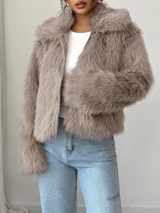 Elegant taupe faux fur short jacket with zipper closure and large lapel for women