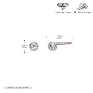 Detail view of 925 sterling silver studs featuring clear round zircon stones and dimensions