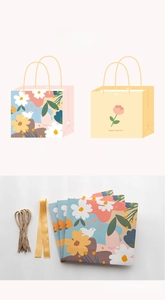 Floral gift bag set with thick paper bags, ribbons and ropes for festive gift wrapping