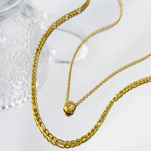 Double-layered 18K gold plated titanium necklace with hexagonal crystal pendant