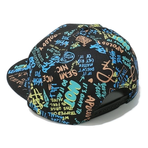 Detail of hip-hop snapback hat showing colorful graffiti print and adjustable plastic strap