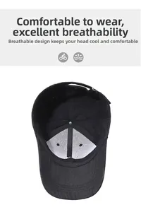 Detail view of the breathable inner lining and vent holes on this black baseball cap