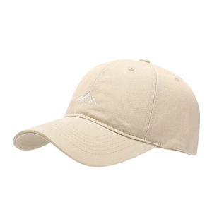 Classic beige cotton baseball cap with mountain embroidery and curved brim for sun protection