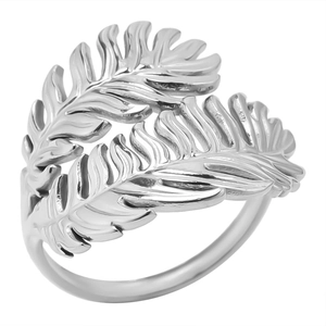 Macro shot of silver leaf ring with detailed vein texture and adjustable open band design