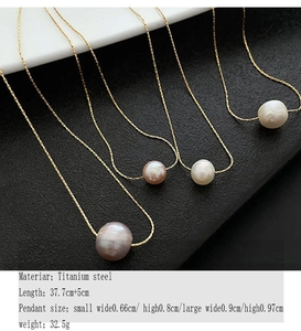 Titanium steel necklaces with natural pearl pendants and technical dimensions detail