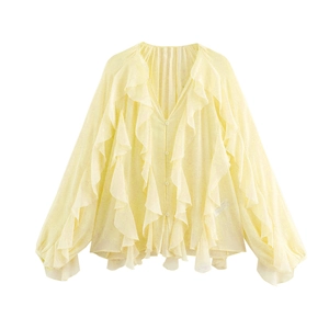 Women's light yellow long sleeve chiffon shirt with layered ruffles and a V-neck design