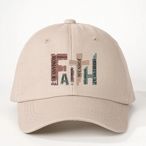 Beige cotton baseball cap with Faith text and Bible verses in vintage style