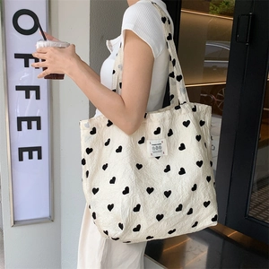 Heart Print Textured Canvas Shoulder Bag Large Capacity Casual Tote Handbag Sweet Daily Style For Women