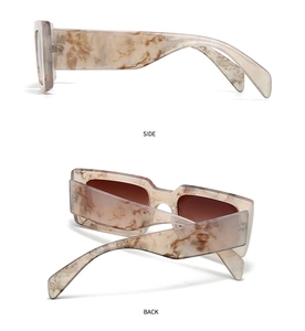 Side and back view of rectangular tortoiseshell sunglasses with brown lenses