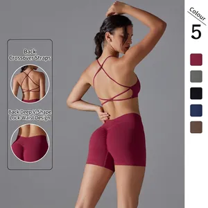 Damen Nahtloses Yoga-Set Criss-Cross Rücken Sport-BH Hohe Taille Scrunch Butt Shorts Oberteil Und Unterteil Trainingsanzug
