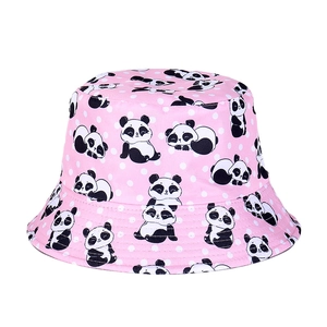 Pink double-sided bucket hat featuring cute cartoon panda patterns and white polka dots
