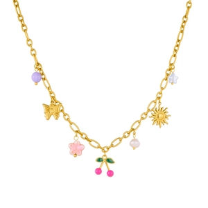 Gold chain necklace featuring colorful butterfly, cherry, and sun charms on white background