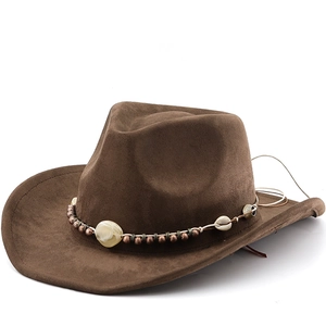 Western Cowboy Hat Faux Suede Wide Brim Bohemian Ethnic Style Shell Beads Decorative Outdoor Sun Protection Unisex