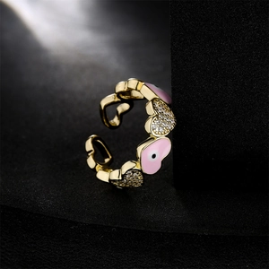 Pink heart devil eye open ring with gold plating and white zircon inlay for women