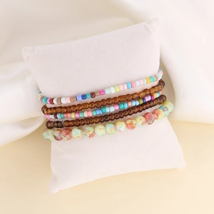 Bohemian multi-layer seed bead bracelet set with colorful floral and amber resin beads