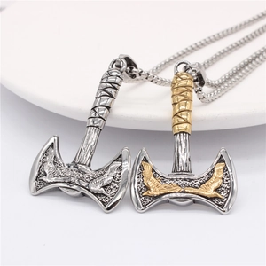 Nordic Viking double eagle axe pendant in silver and gold tone stainless steel