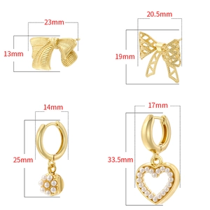 Vintage brushed gold ribbon bow and pearl heart stud earrings set for women