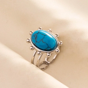 Macro view of adjustable stainless steel ring with turquoise stone and silver beads