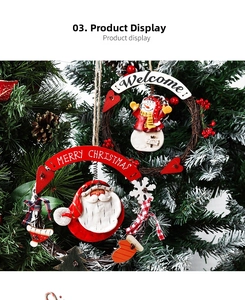 Detail of Christmas wreath ornaments with Santa and Snowman hanging on a festive tree branch