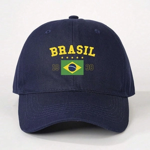 Navy blue cotton Brasil baseball cap with yellow embroidery and national flag print