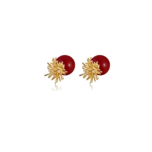 Elegant gold coral earrings with red pearls and crystals on a clean white background