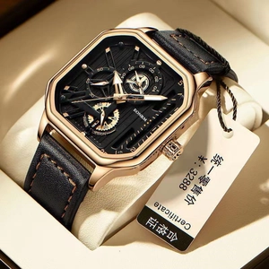 Men's square gold quartz watch with black leather strap and yellow stitching in a gift box