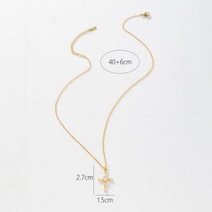 Detail showing gold plated cross pendant with heart stone and size measurements 40+6cm