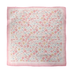 Floral cotton linen headscarf with pink flower patterns and border on white background