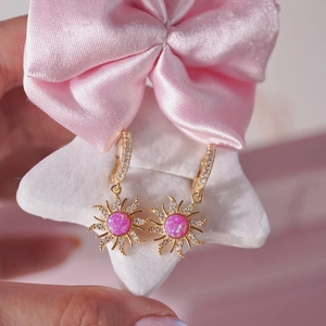 Vintage opal sun pendant necklace with pink stones and zircons on star stand
