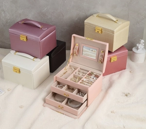Three-layer PU leather jewelry box with multiple drawers and built-in mirror detail