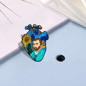 Detail of Van Gogh enamel heart brooch with Starry Night pattern and rubber back pin
