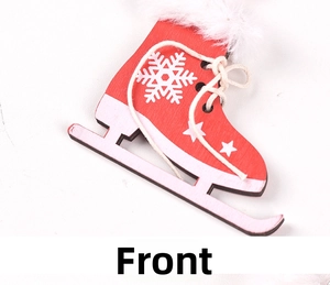 Front view of a red wooden ice skate ornament with white snowflakes for Christmas decor