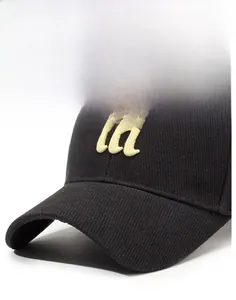 Close-up of the black striped fabric and high-quality 3D beige embroidery on the cap
