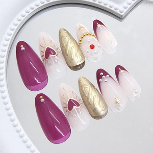 Purple and gold almond press-on nails with 3D ripples, stars, pearls and heart patterns