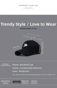 Detail view of adjustable black baseball cap with white P embroidery and size dimensions