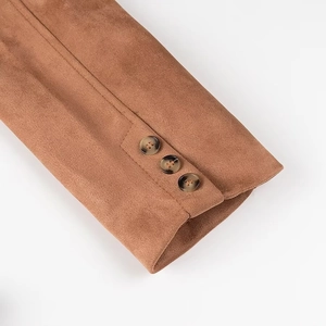 Brown faux suede double-breasted long coat featuring elegant button cuff details