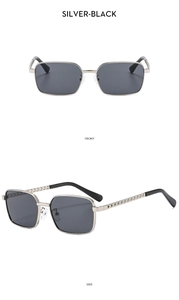 Front and side views of square metal sunglasses with silver frames and black lenses