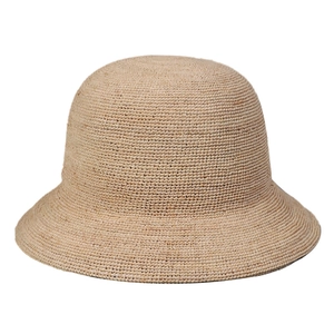 Elegant beige raffia sun hat with cloche dome and handmade woven texture for women