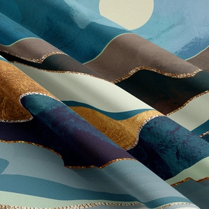 Macro shot of abstract mountain wall tapestry with thick woven texture and gold edges