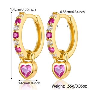 Detail view of heart hoop earrings in gold with pink zircons showing dimensions and weight