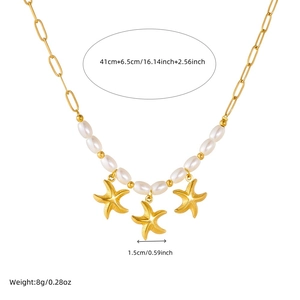 Gold starfish pendant necklace with pearl beads and chain, 41+6.5cm length dimensions
