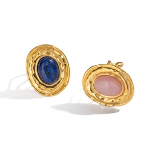 French vintage adjustable rings with blue lapis and pink quartz on hammered gold bands