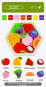 Detailed educational wooden hexagon puzzle for kids learning colors and fruit shapes