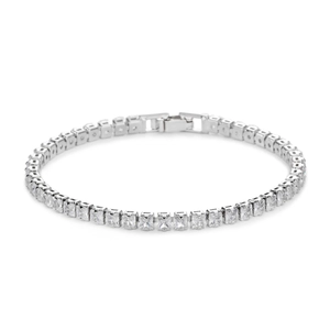 Detailed close-up of a silver tennis bracelet featuring AAA rectangular zircon stones