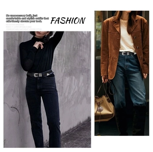Y2K style black leather belt with silver square buckle styled with denim and suede jacket